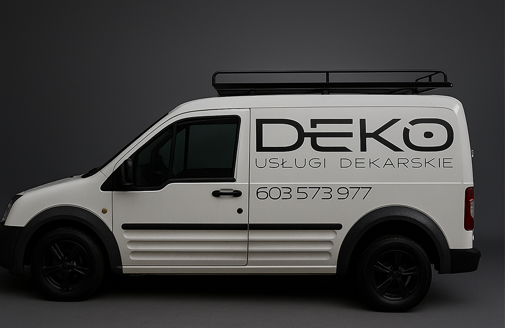 Materiały promocyjne dla usług dekarskich - okleina  na samochodzie firmowym